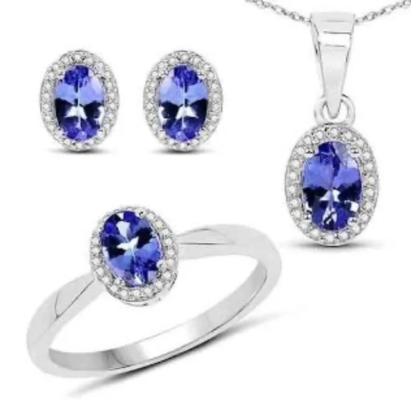 2.02 Carat Genuine Tanzanite and White Diamond 14K White Gold Ring, Pendant & Ea